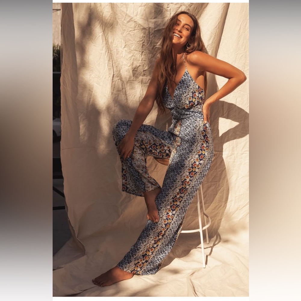 Lulu’s- Endless Sun Blue Multi Print Halter Jumpsuit